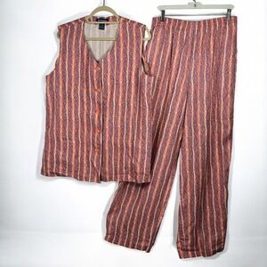 VTG My Weekend Clothes Linen Lounge Set Sleeveless Top Pants Woman Large Orange